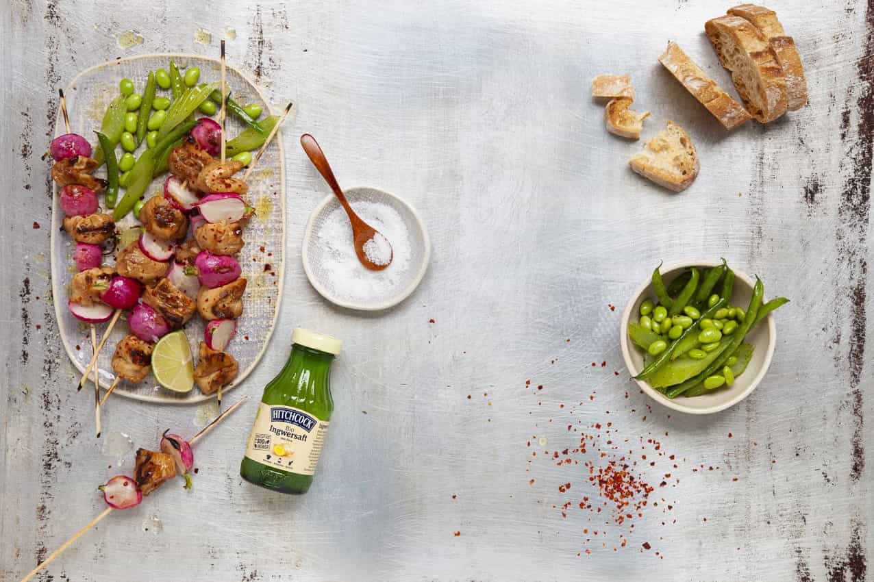 Hähnchen-Grill-Spieße mit Ingwer und Radieschen